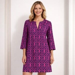 Jude Connally Megan Pink Navy Preppy Shift Geometric Tunic Dress Medium